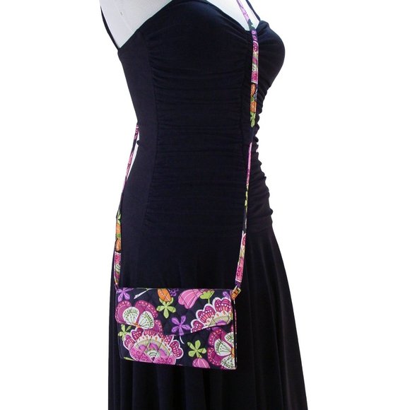 VERA BRADLEY Black/Pink Floral Quilted Cotton Crossbody Wallet Organizer - MINT - Picture 7 of 7